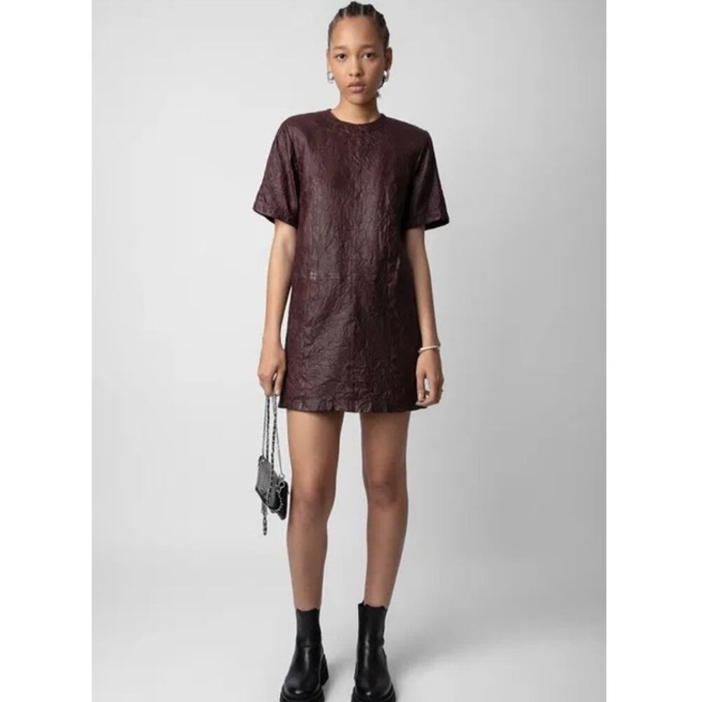 Zadig & Voltaire Chocolate Brown‎ Crinkled Leather Ridley Dress, Large NWT